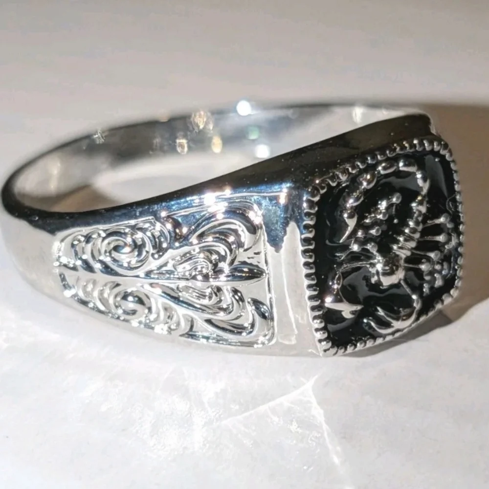 Bright Deep Black Enamel With Unique Scorpion Square Face Design Ring For Men's